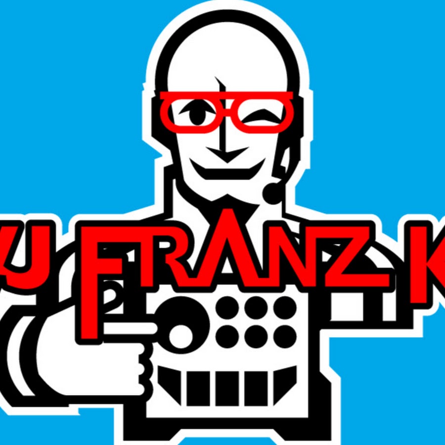 VJ Franz K logo: a cartoon VJ in red glasses and a headset mic, pointing at a drum machine