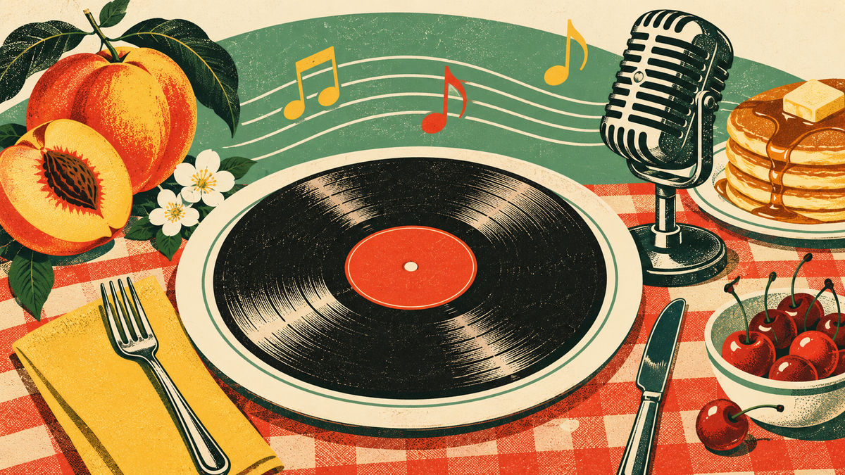 Vinyl record on a dinner plate with peaches, pancakes and a vintage microphone