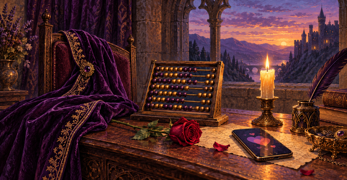 Illustration of an antique abacus, purple cape, rose, and smartphone on a candlelit castle desk.