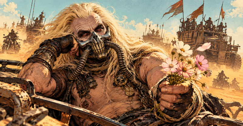 Editorial illustration: A flamboyant post-apocalyptic warlord with a respirator posing for a dating profile, dusty desert vehicles behind him, absurdly delicate flowers.