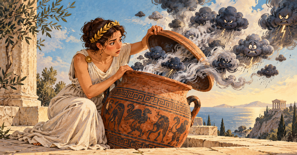 Editorial illustration: A classical Greek woman cautiously opening a large earthenware storage jar, impossible tiny storm clouds and anxieties emerging.