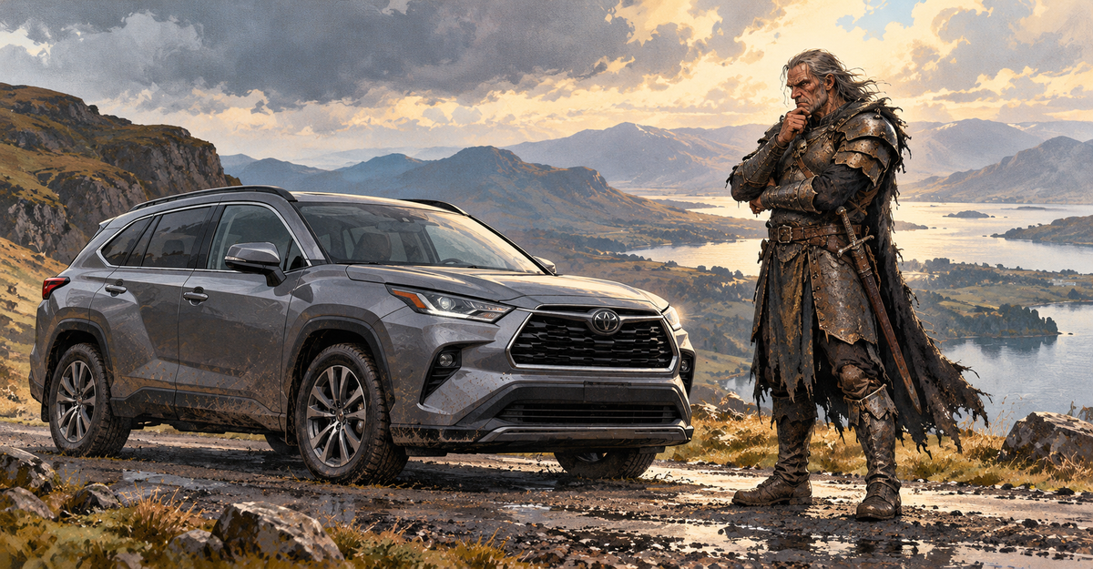 Editorial illustration: An immortal warrior in weathered armor critically examining a modern crossover car on a highland road.