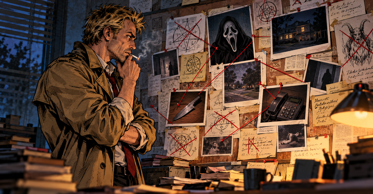 Illustration of a trench-coated detective studying Ghostface photographs, crossed-out occult diagrams, a knife, and a telephone.
