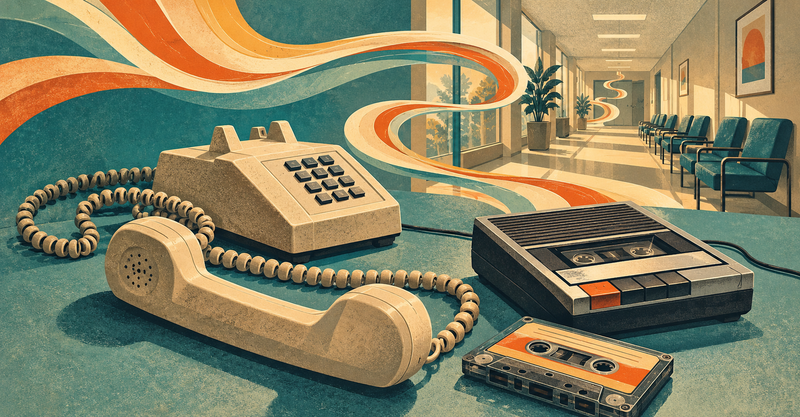 Illustration of an office telephone, cassette recorder, and flowing music winding through a waiting-room corridor.