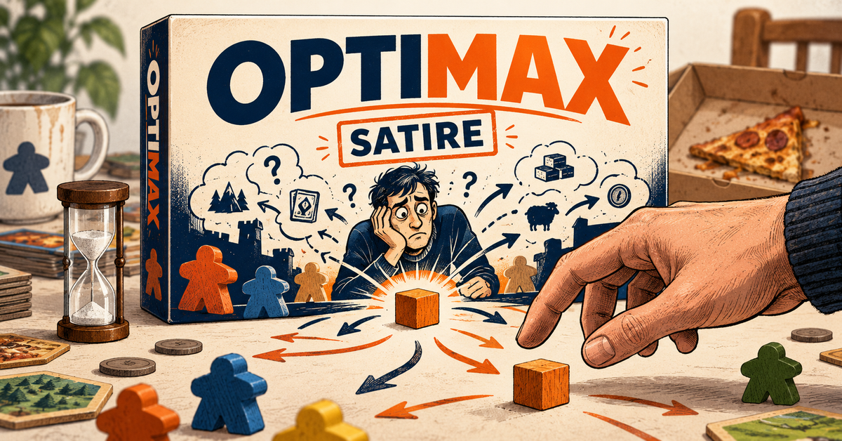 OPTIMAX satire box surrounded by board-game pieces, a sand timer, pizza and an indecisive player's hand.