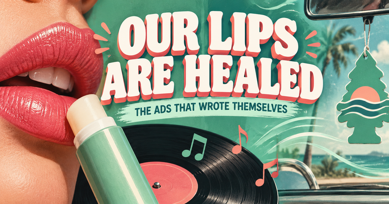 Our Lips Are Healed: retro pop illustration of lips, lip balm, a vinyl record and the ad campaigns that wrote themselves