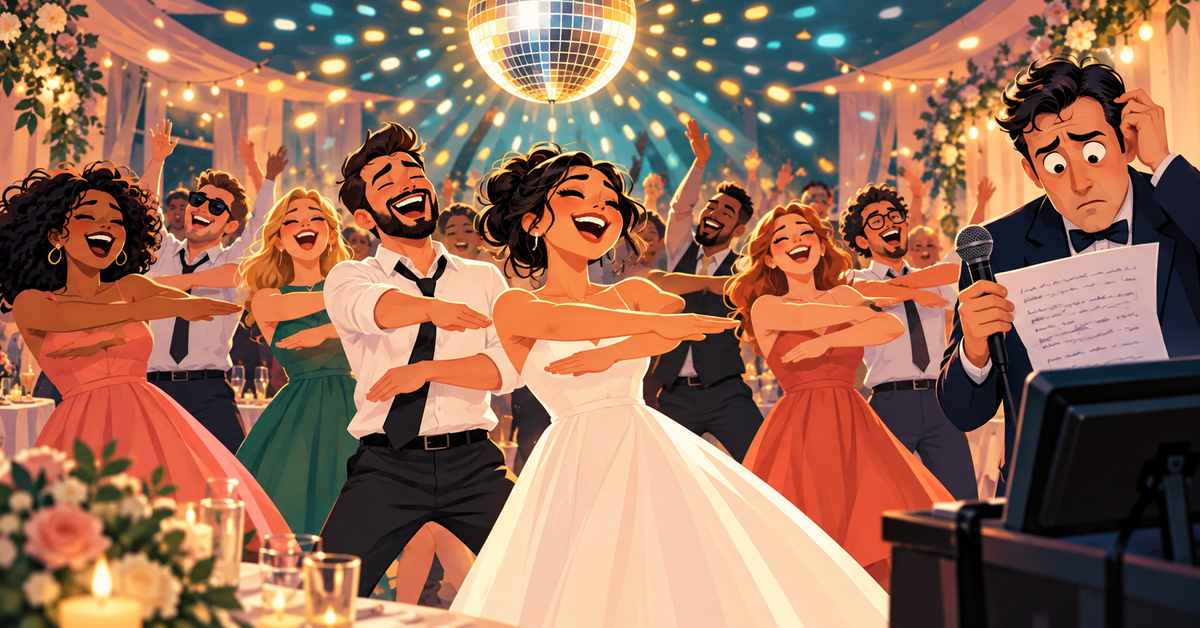 Original illustration of wedding guests dancing the Macarena while a karaoke host puzzles over the lyrics