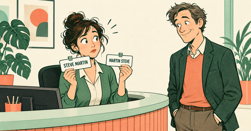 Original illustration of a receptionist comparing badges labeled Steve Martin and Martin Steve