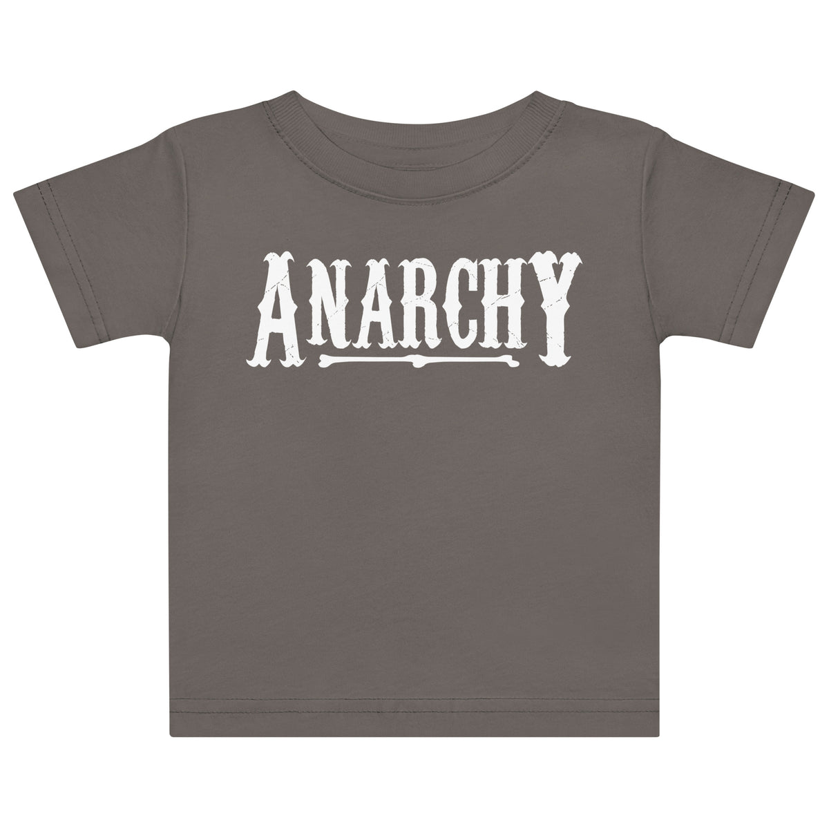 Baby Jersey T Shirt Charcoal classic T-shirt, front view, featuring the Anarchy design