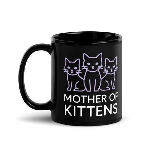 Black glossy mug, 11 oz, handle on left view, featuring the Mother of Kittens Three Cats design