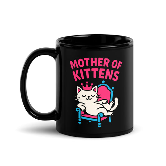 Black glossy mug, 11 oz, handle on left view, featuring the Mother of Kittens Queen Cat design
