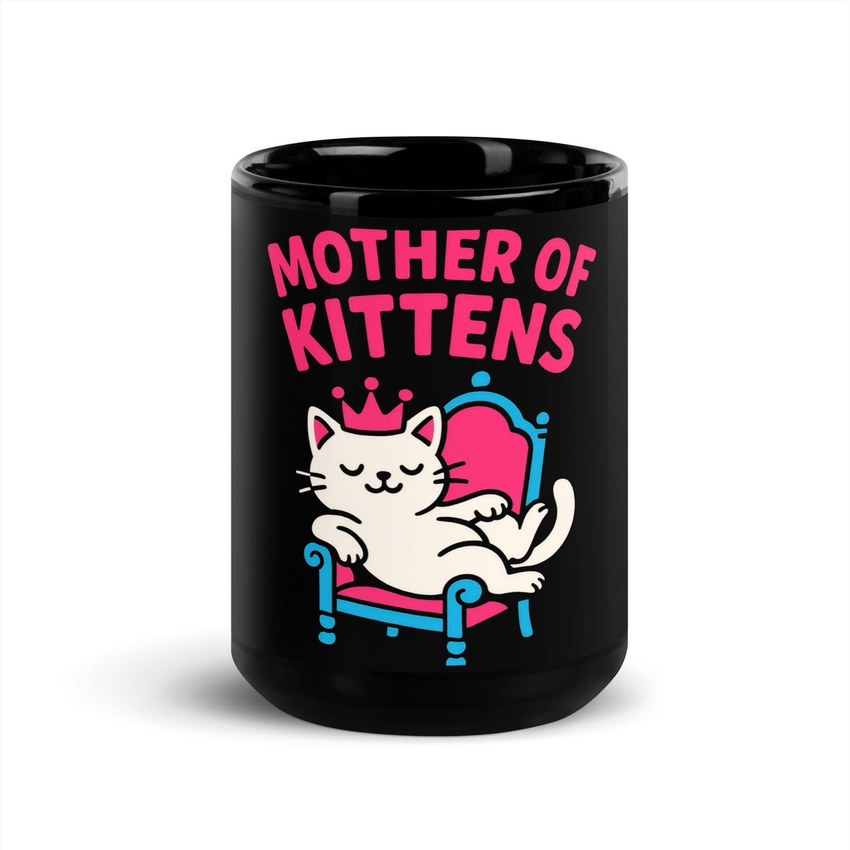 Black glossy mug, 15 oz, front view, featuring the Mother of Kittens Queen Cat design