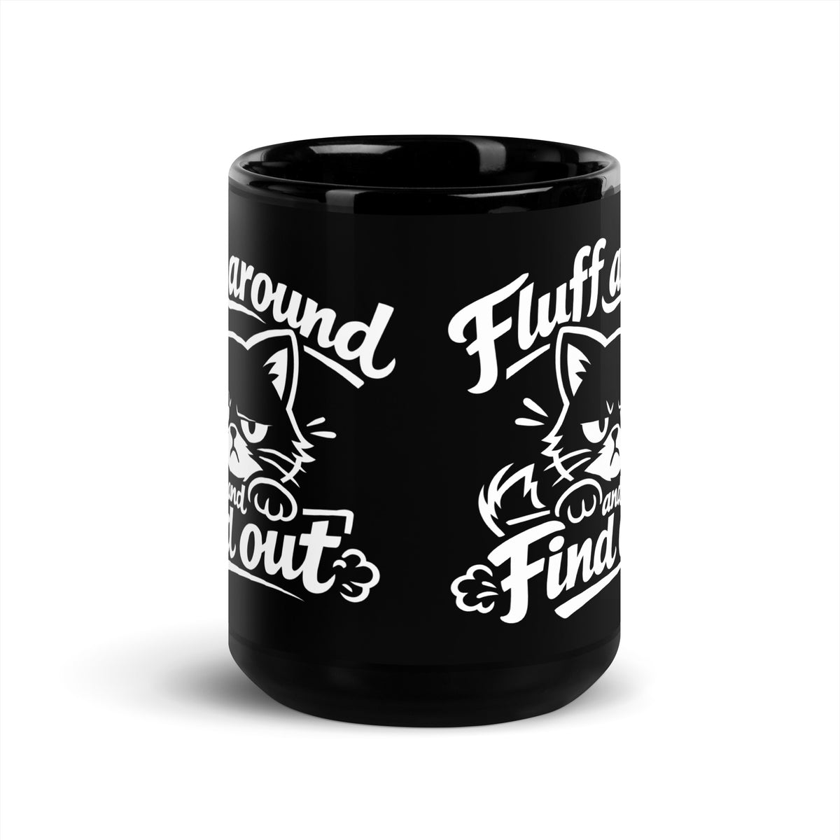Black glossy mug, 15 oz, front view, featuring the Fluff Around and Find Out grumpy cat design