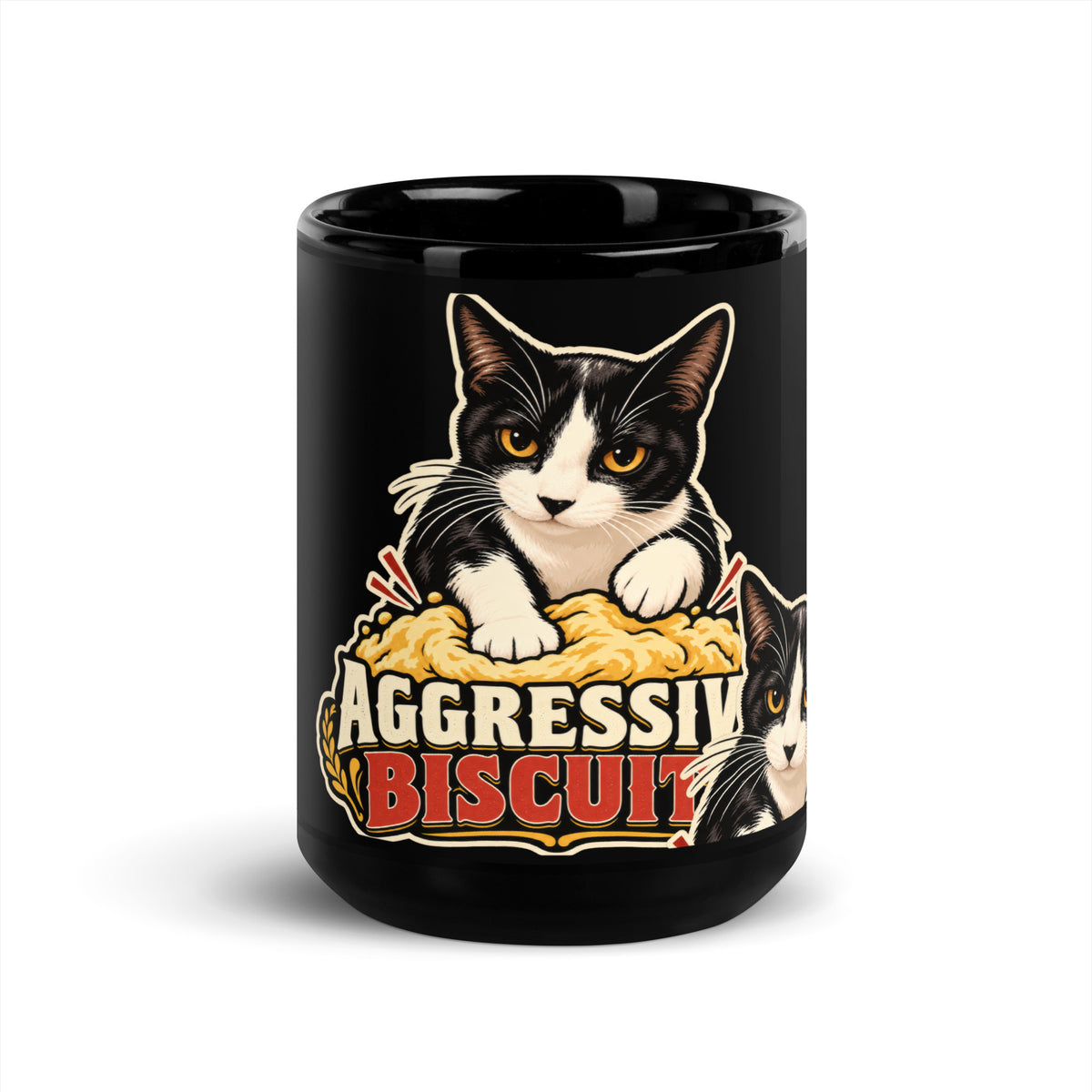 Black glossy mug, 15 oz, front view, featuring the Aggressive Biscuits kneading tuxedo cat design