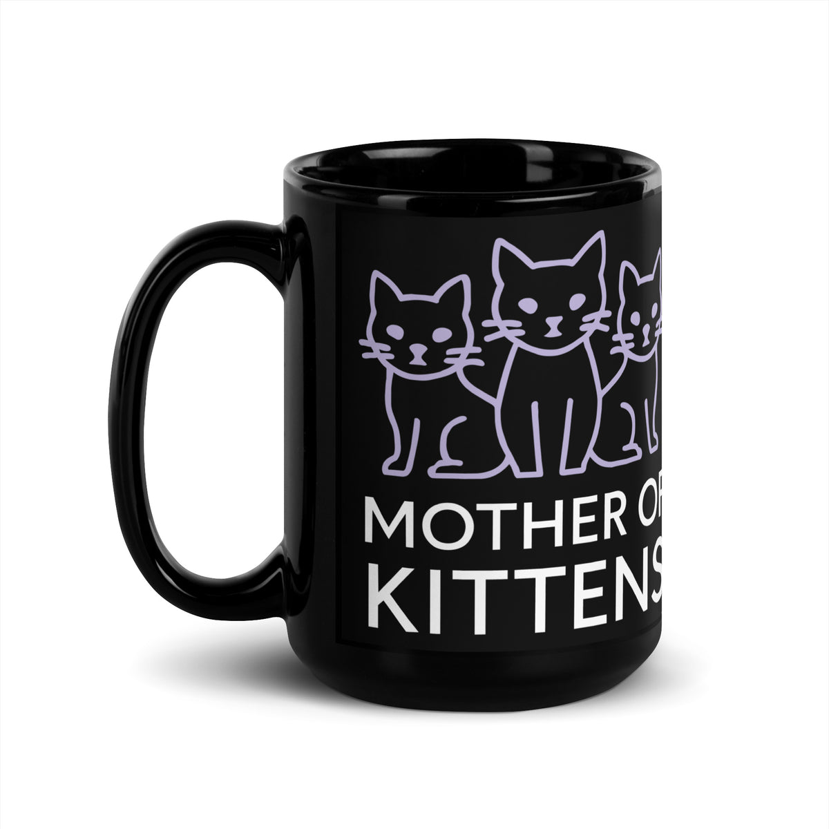 Black glossy mug, 15 oz, handle on left view, featuring the Mother of Kittens Three Cats design