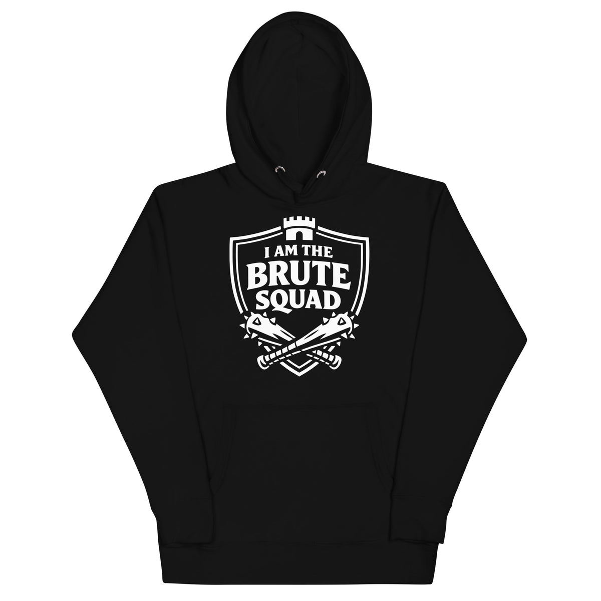 Black pullover hoodie featuring a white Brute Squad shield with crossed weapons and a castle-tower detail.