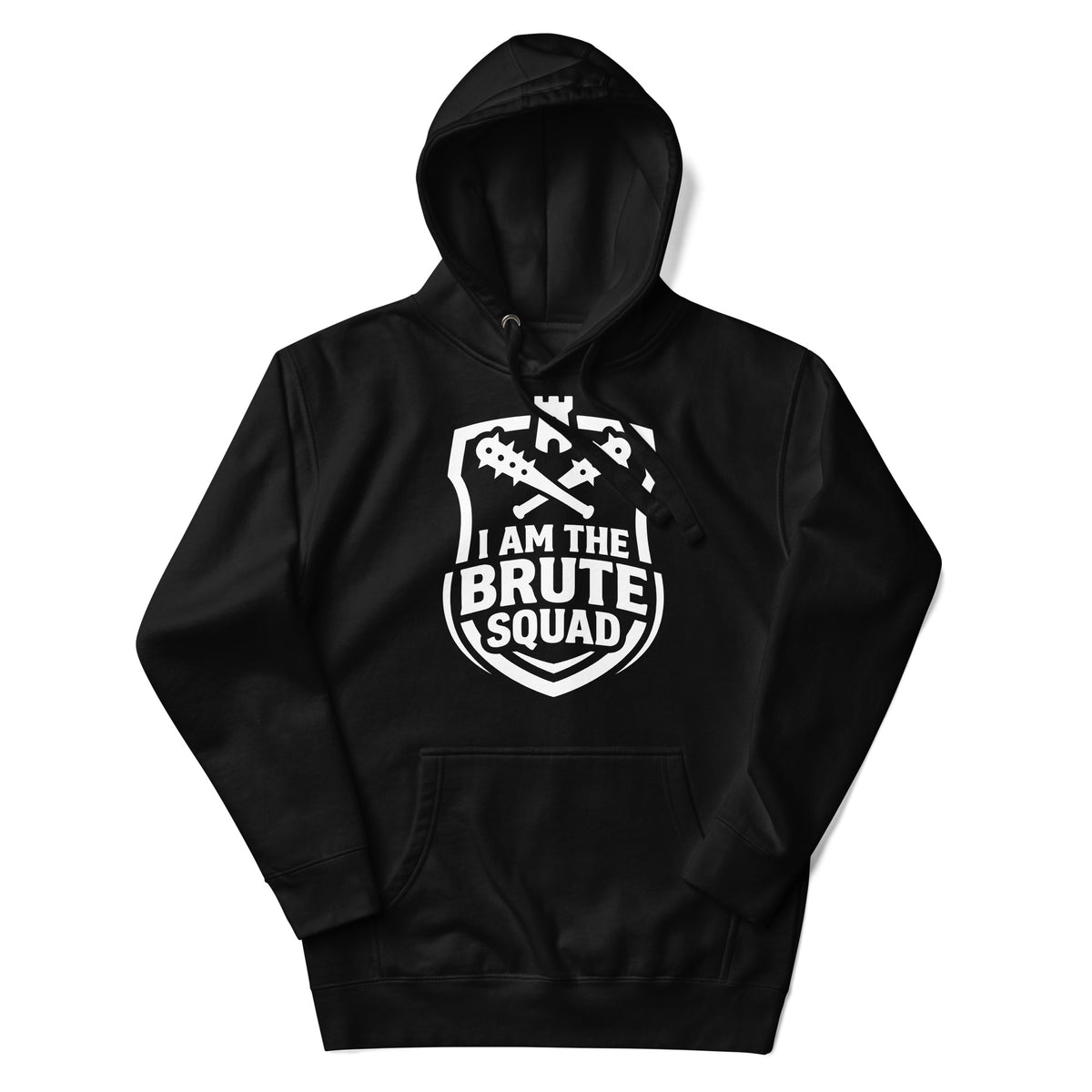 Black pullover hoodie featuring a white Brute Squad shield with crossed spiked clubs.