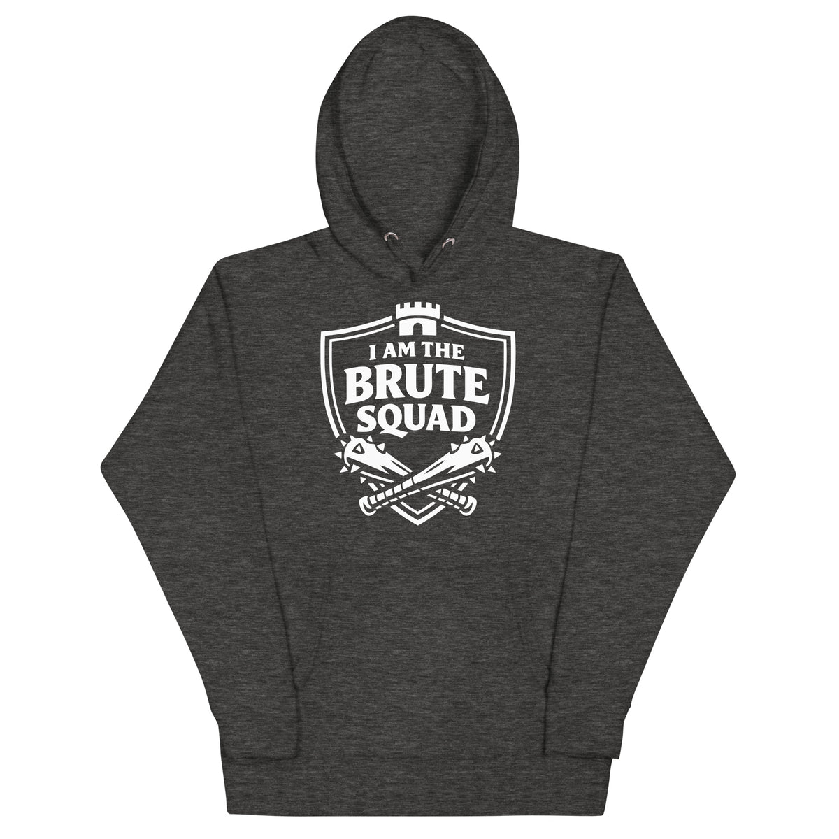 Cotton Heritage M2580 I Charcoal Heather pullover hoodie, front view, featuring the Brute Squad Elite Badge Hoodie design