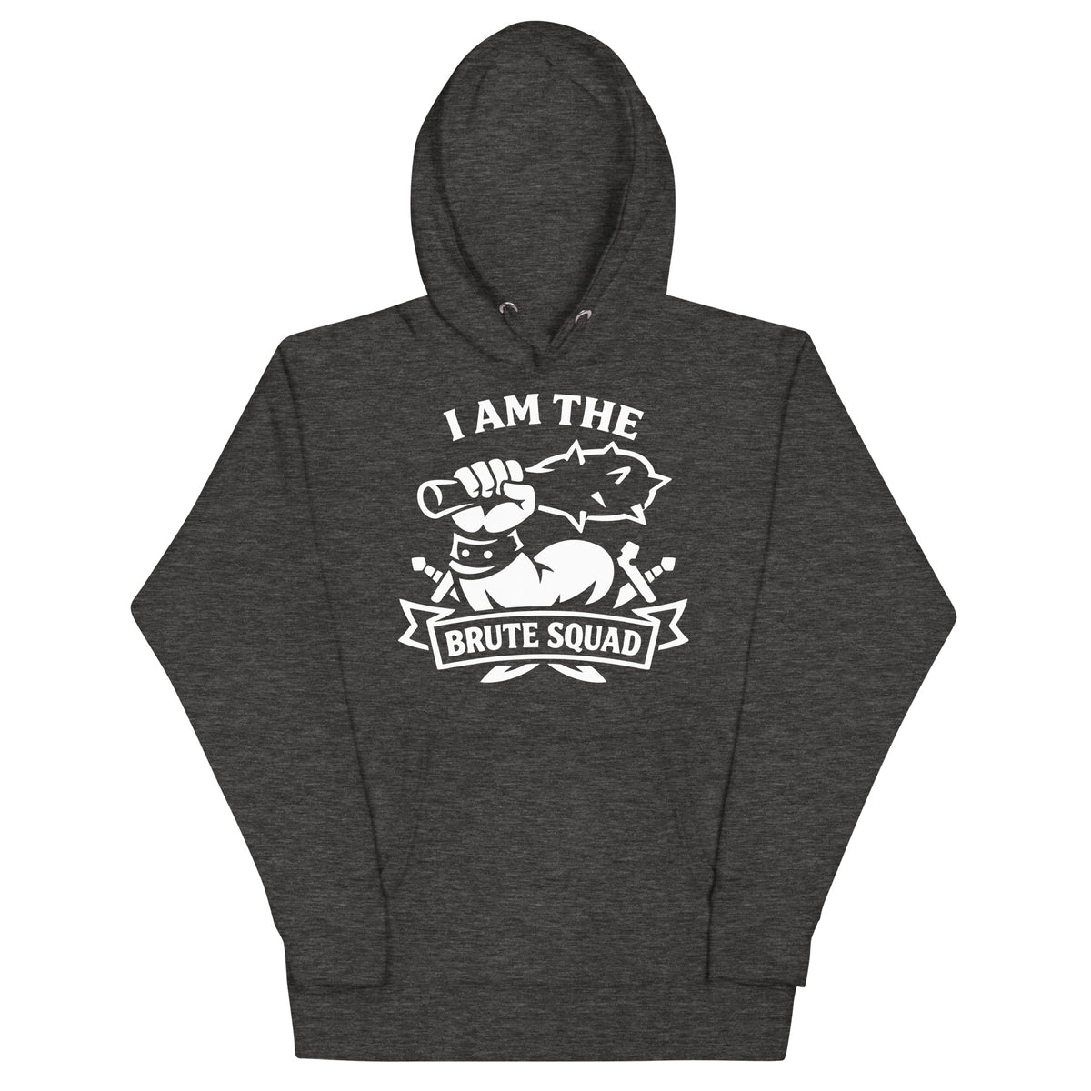 Cotton Heritage M2580 I Charcoal Heather pullover hoodie, front view, featuring the Brute Squad Classic Emblem Hoodie design