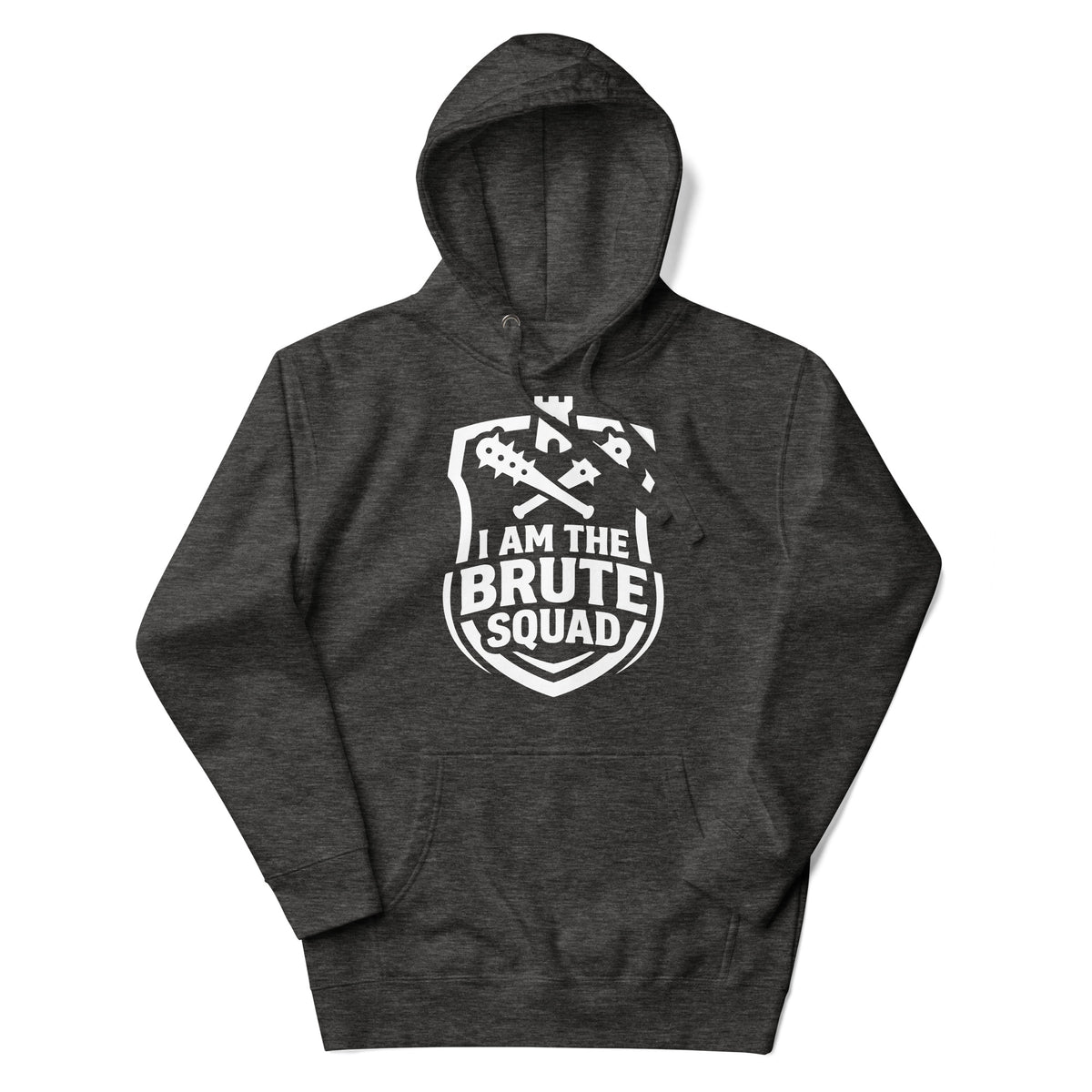 Cotton Heritage M2580 I Charcoal Heather pullover hoodie, front view, featuring the Brute Squad Heavy Hitter Hoodie design