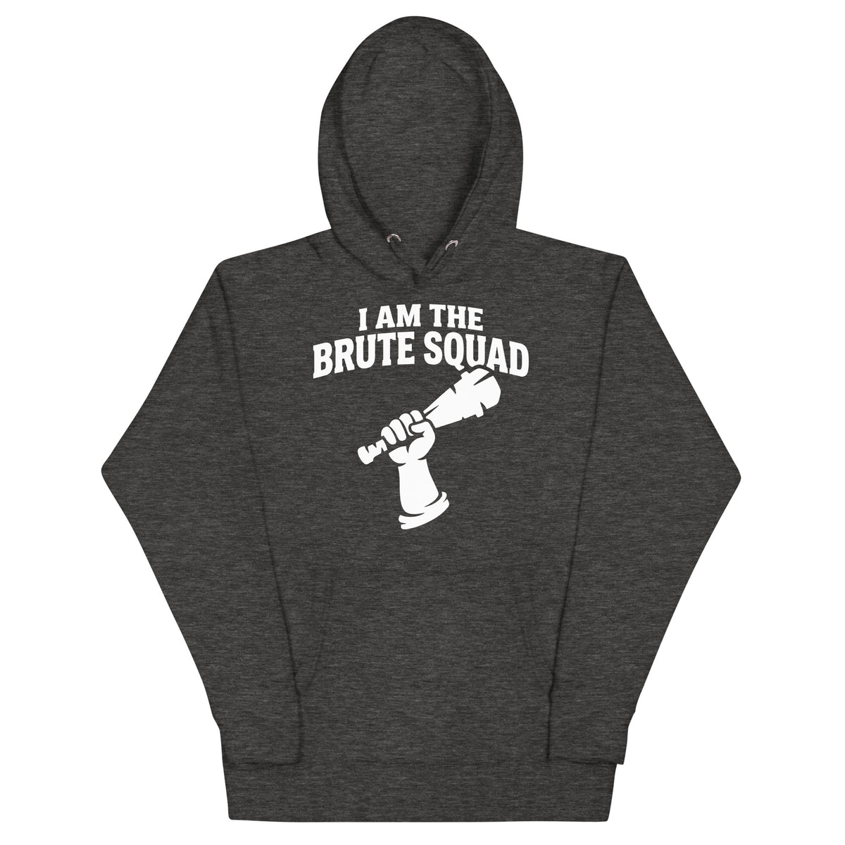 Cotton Heritage M2580 I Charcoal Heather pullover hoodie, front view, featuring the Brute Squad Royal Enforcer Hoodie design