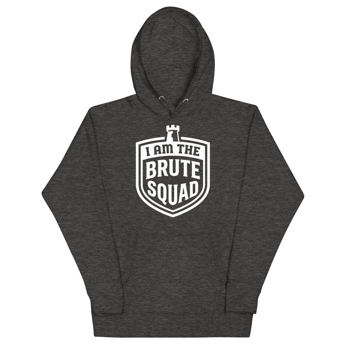 Cotton Heritage M2580 I Charcoal Heather pullover hoodie, front view, featuring the Brute Squad Arena Champion Hoodie design