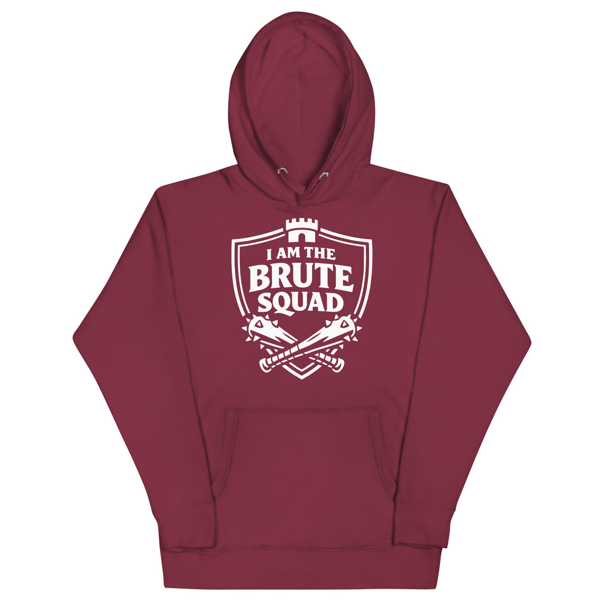 Cotton Heritage M2580 I Maroon pullover hoodie, front view, featuring the Brute Squad Elite Badge Hoodie design