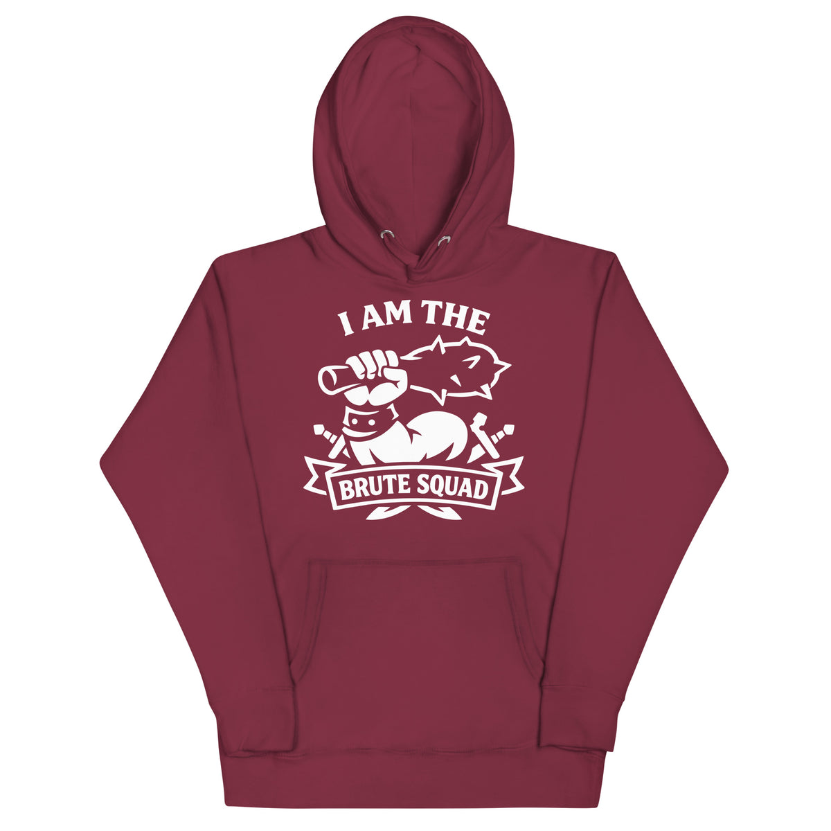 Cotton Heritage M2580 I Maroon pullover hoodie, front view, featuring the Brute Squad Classic Emblem Hoodie design