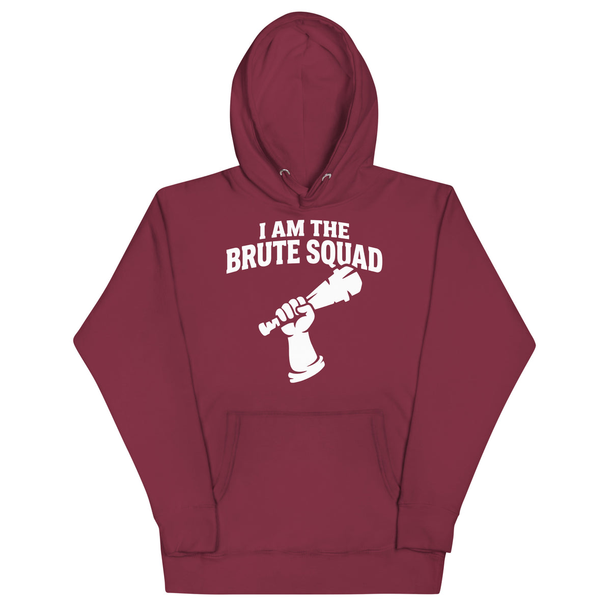 Cotton Heritage M2580 I Maroon pullover hoodie, front view, featuring the Brute Squad Royal Enforcer Hoodie design