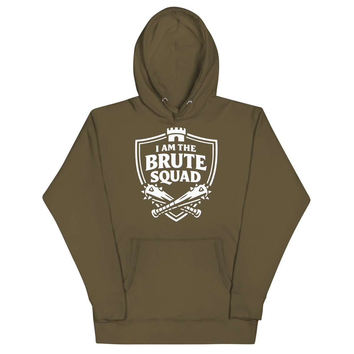 Cotton Heritage M2580 I Military Green pullover hoodie, front view, featuring the Brute Squad Elite Badge Hoodie design