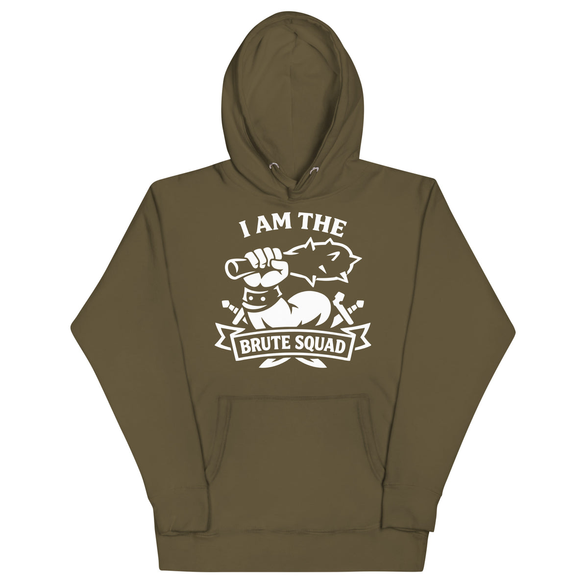 Cotton Heritage M2580 I Military Green pullover hoodie, front view, featuring the Brute Squad Classic Emblem Hoodie design