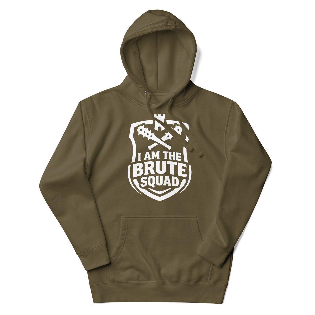 Cotton Heritage M2580 I Military Green pullover hoodie, front view, featuring the Brute Squad Heavy Hitter Hoodie design