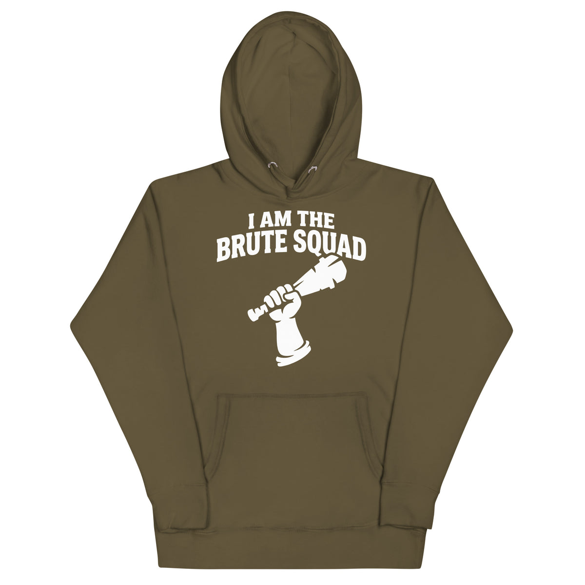 Cotton Heritage M2580 I Military Green pullover hoodie, front view, featuring the Brute Squad Royal Enforcer Hoodie design