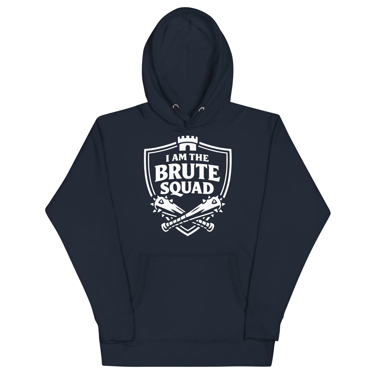 Cotton Heritage M2580 I Navy Blazer pullover hoodie, front view, featuring the Brute Squad Elite Badge Hoodie design