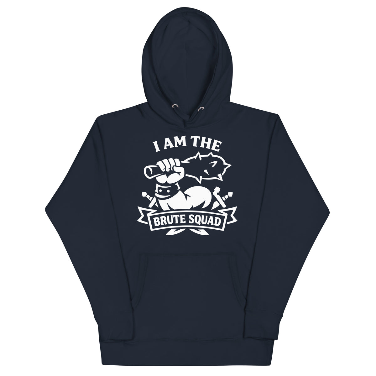 Cotton Heritage M2580 I Navy Blazer pullover hoodie, front view, featuring the Brute Squad Classic Emblem Hoodie design