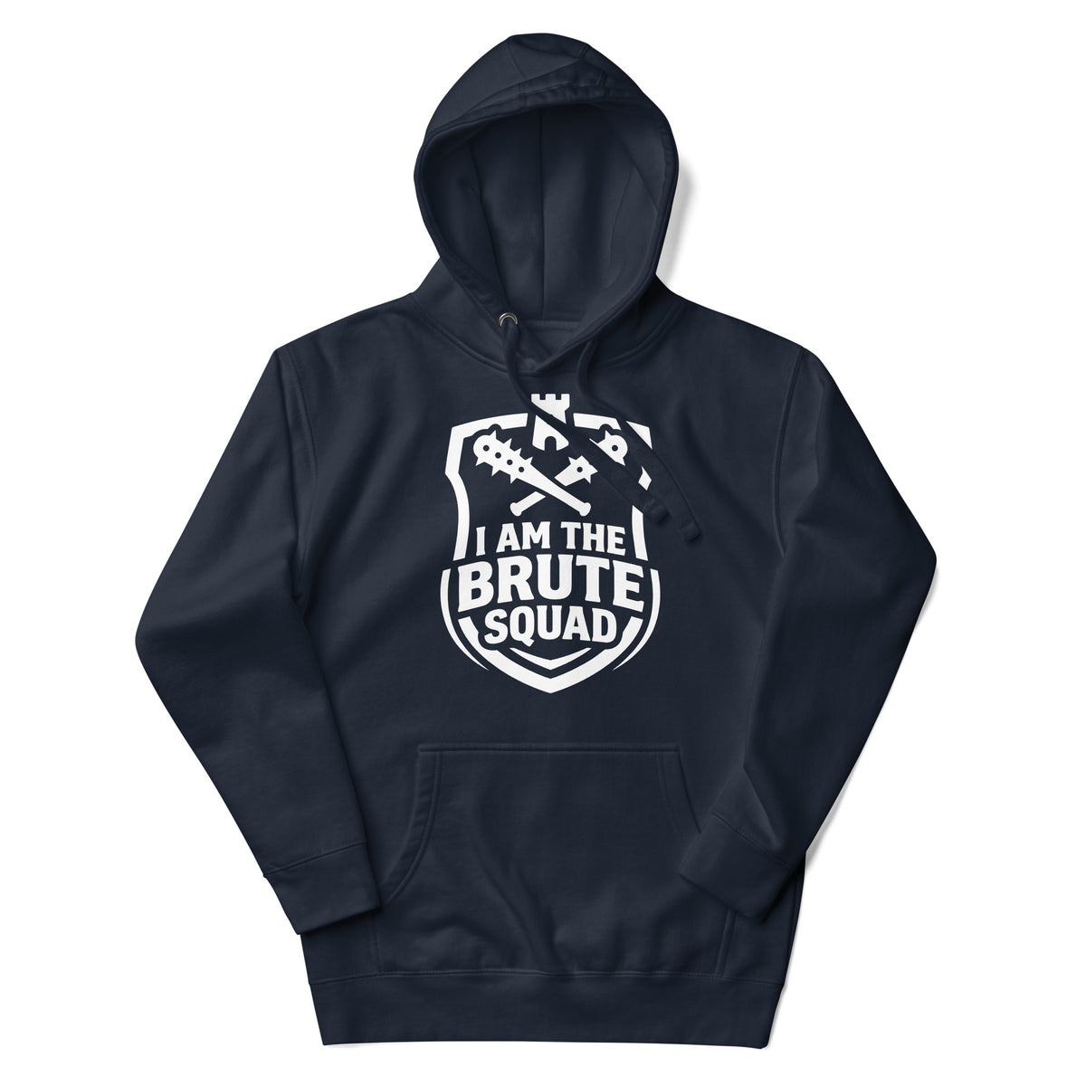 Cotton Heritage M2580 I Navy Blazer pullover hoodie, front view, featuring the Brute Squad Heavy Hitter Hoodie design