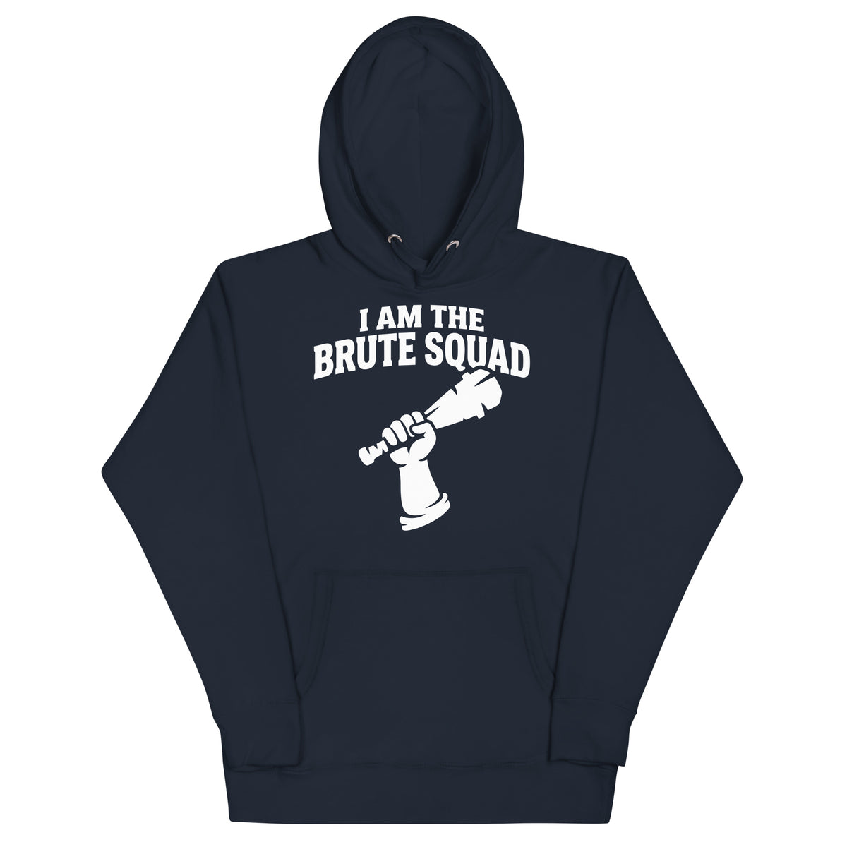 Cotton Heritage M2580 I Navy Blazer pullover hoodie, front view, featuring the Brute Squad Royal Enforcer Hoodie design