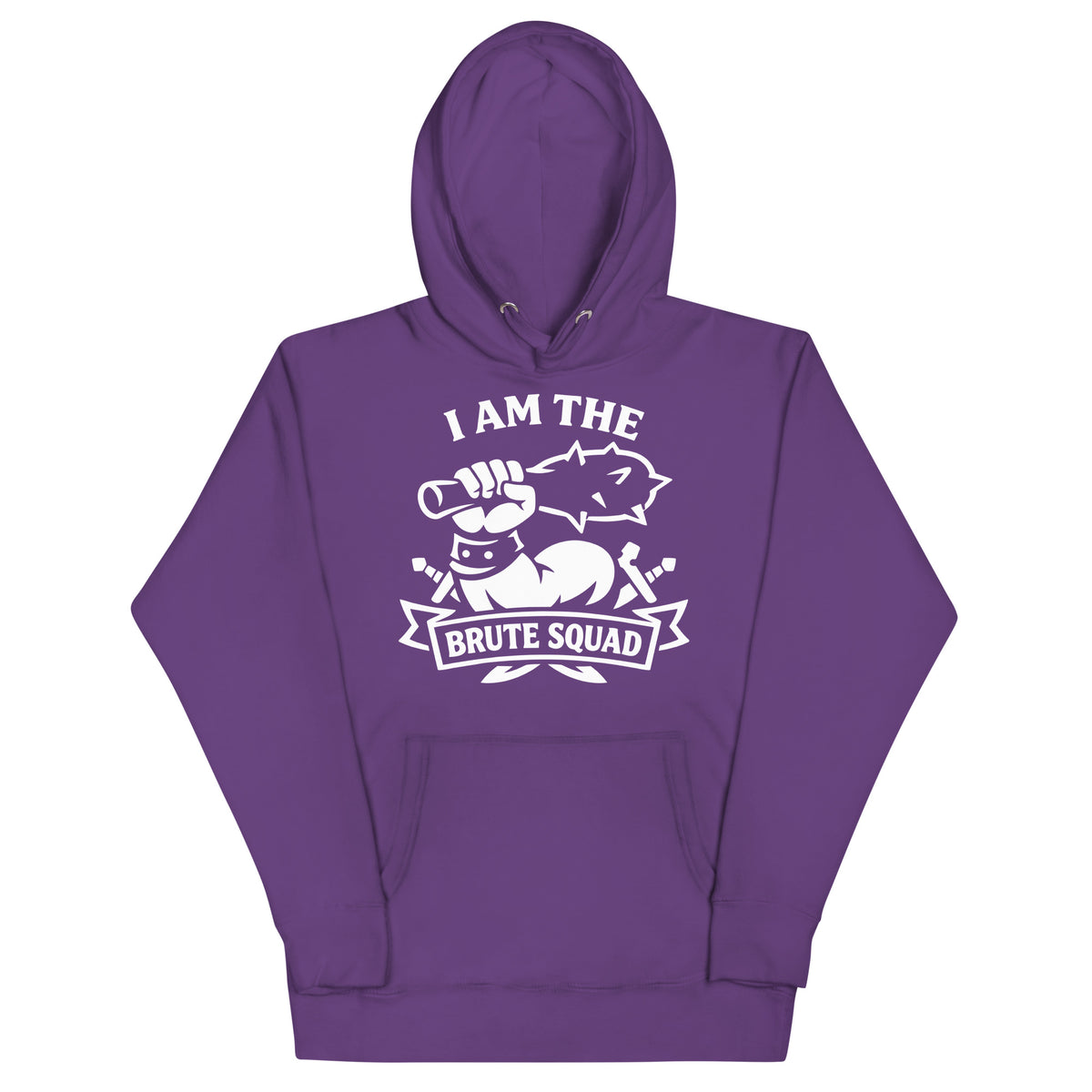 Cotton Heritage M2580 I Purple pullover hoodie, front view, featuring the Brute Squad Classic Emblem Hoodie design