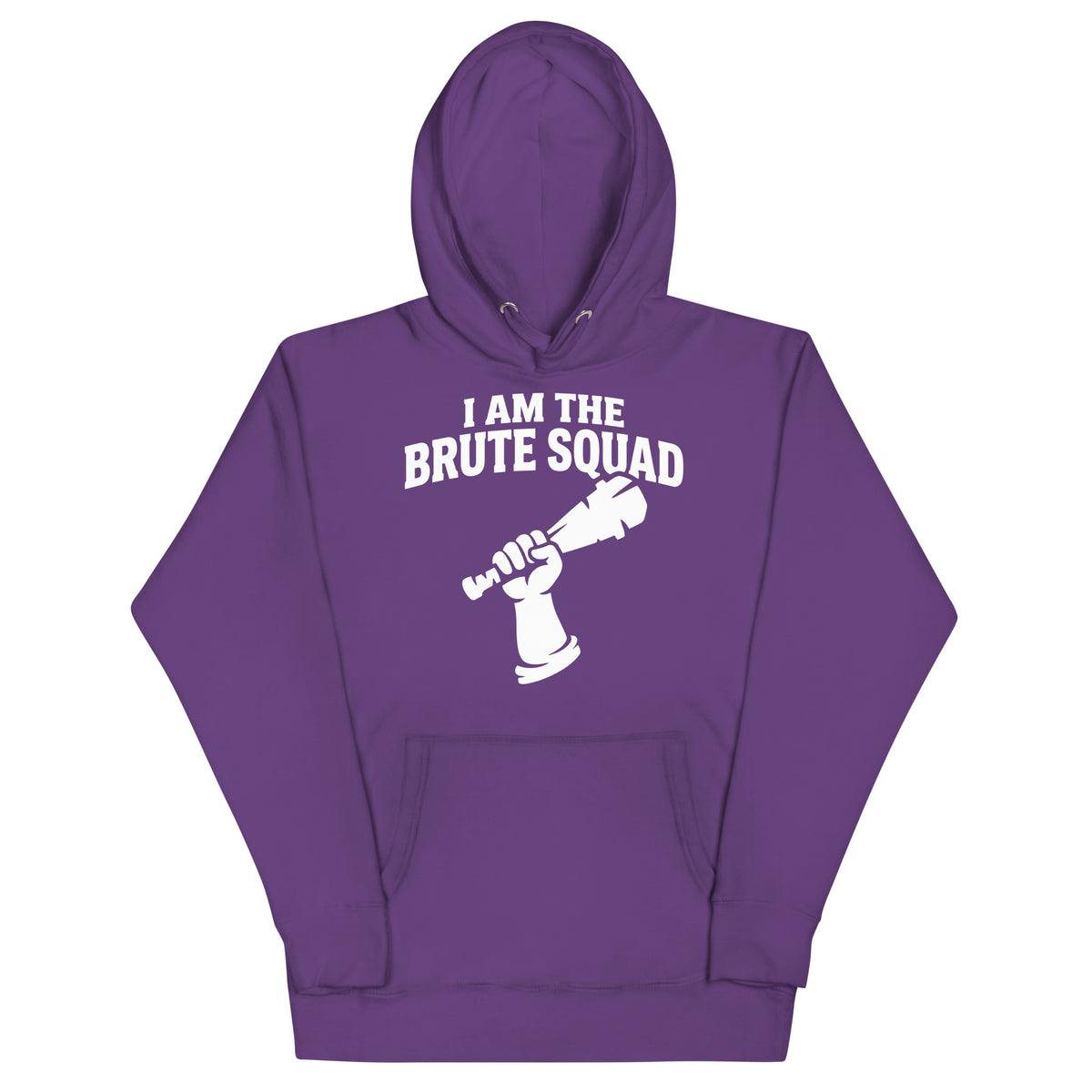 Cotton Heritage M2580 I Purple pullover hoodie, front view, featuring the Brute Squad Royal Enforcer Hoodie design