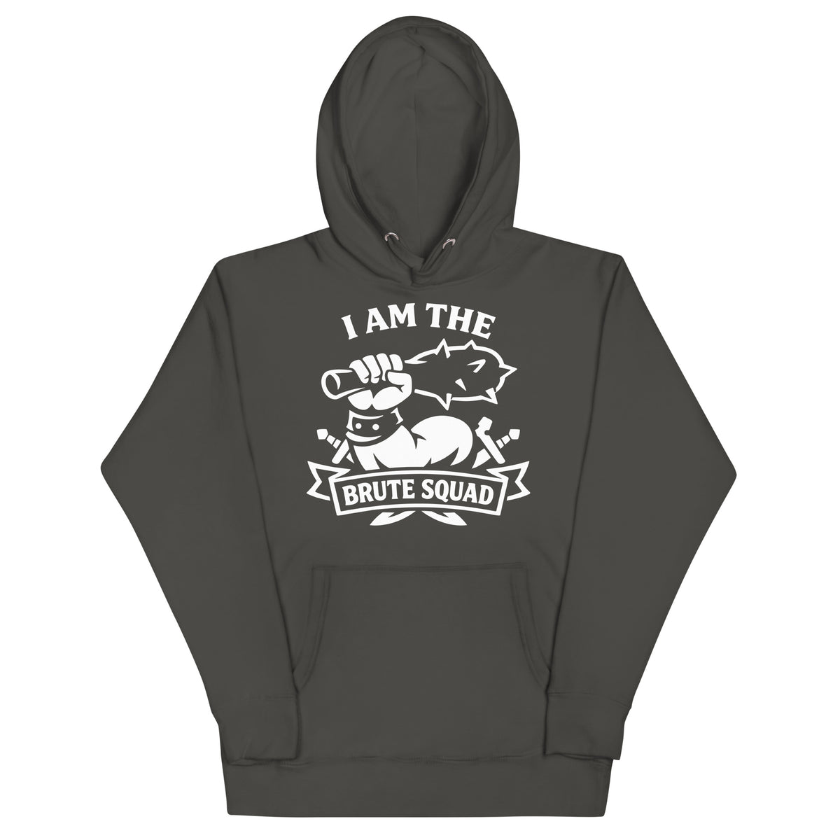 Cotton Heritage M2580 I Vintage Black pullover hoodie, front view, featuring the Brute Squad Classic Emblem Hoodie design