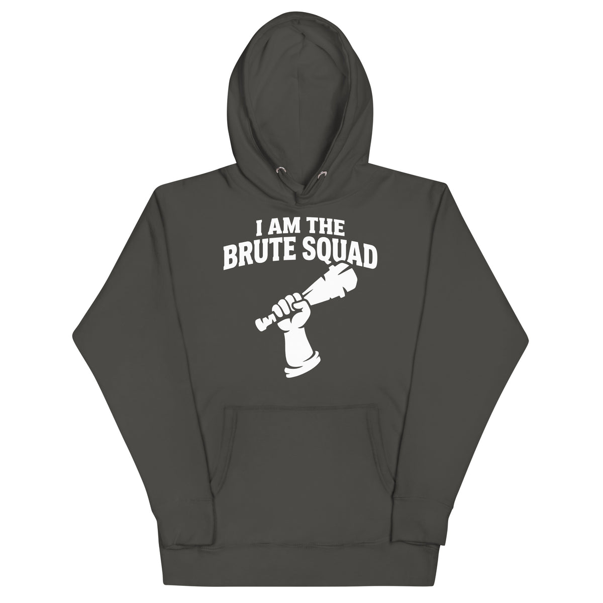 Cotton Heritage M2580 I Vintage Black pullover hoodie, front view, featuring the Brute Squad Royal Enforcer Hoodie design