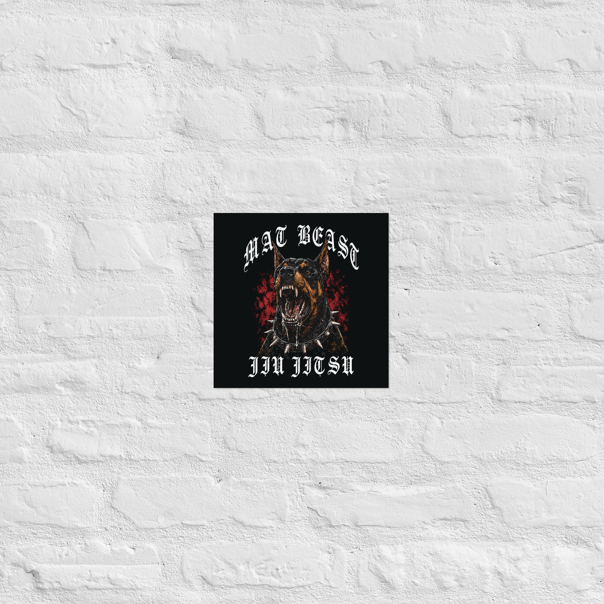 Mat Beast Doberman Jiu Jitsu matte poster in 10 × 10 inch format, front view, featuring a snarling Doberman and red accents.