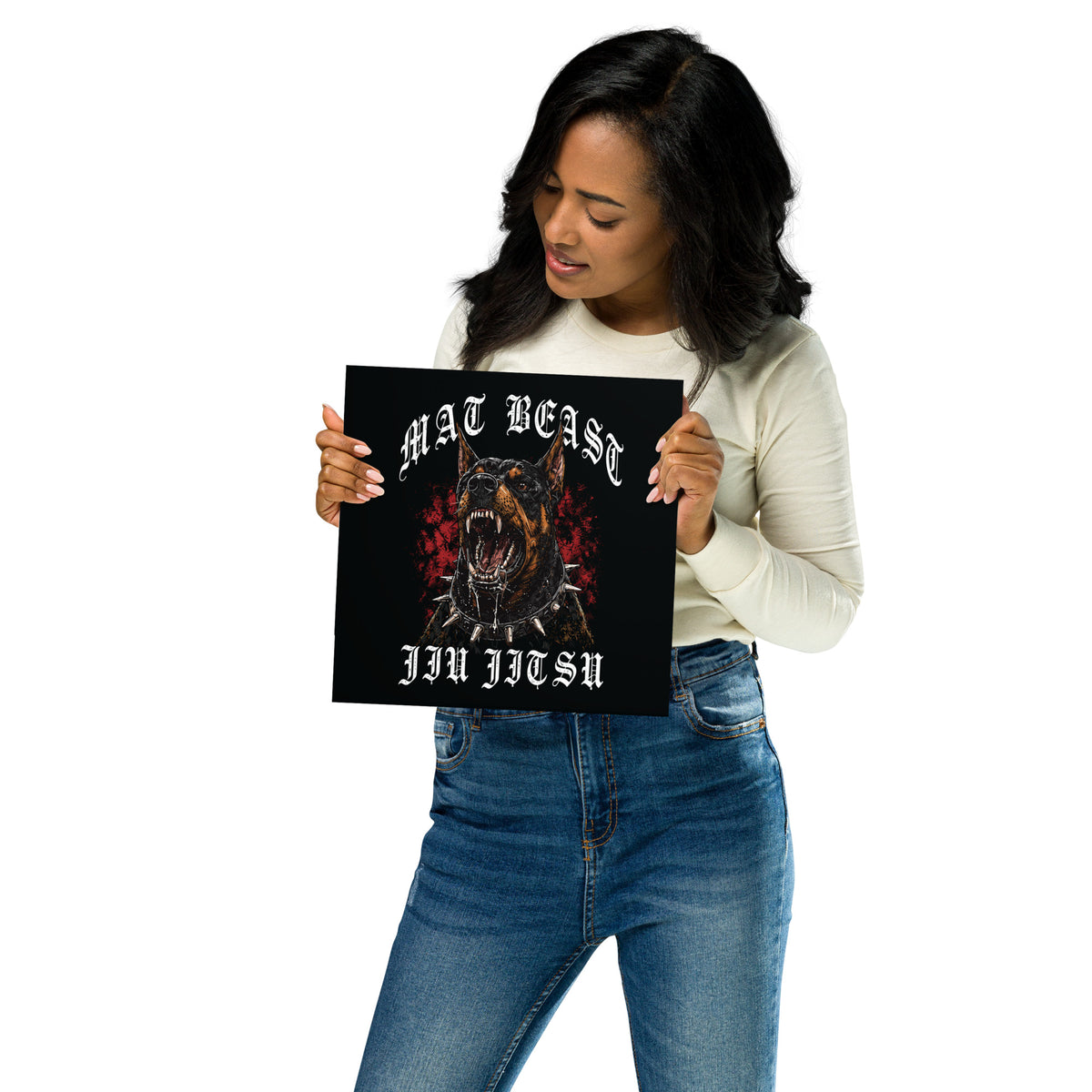 Mat Beast Doberman Jiu Jitsu matte poster in 10 × 10 inch format, front view, featuring a snarling Doberman and red accents.