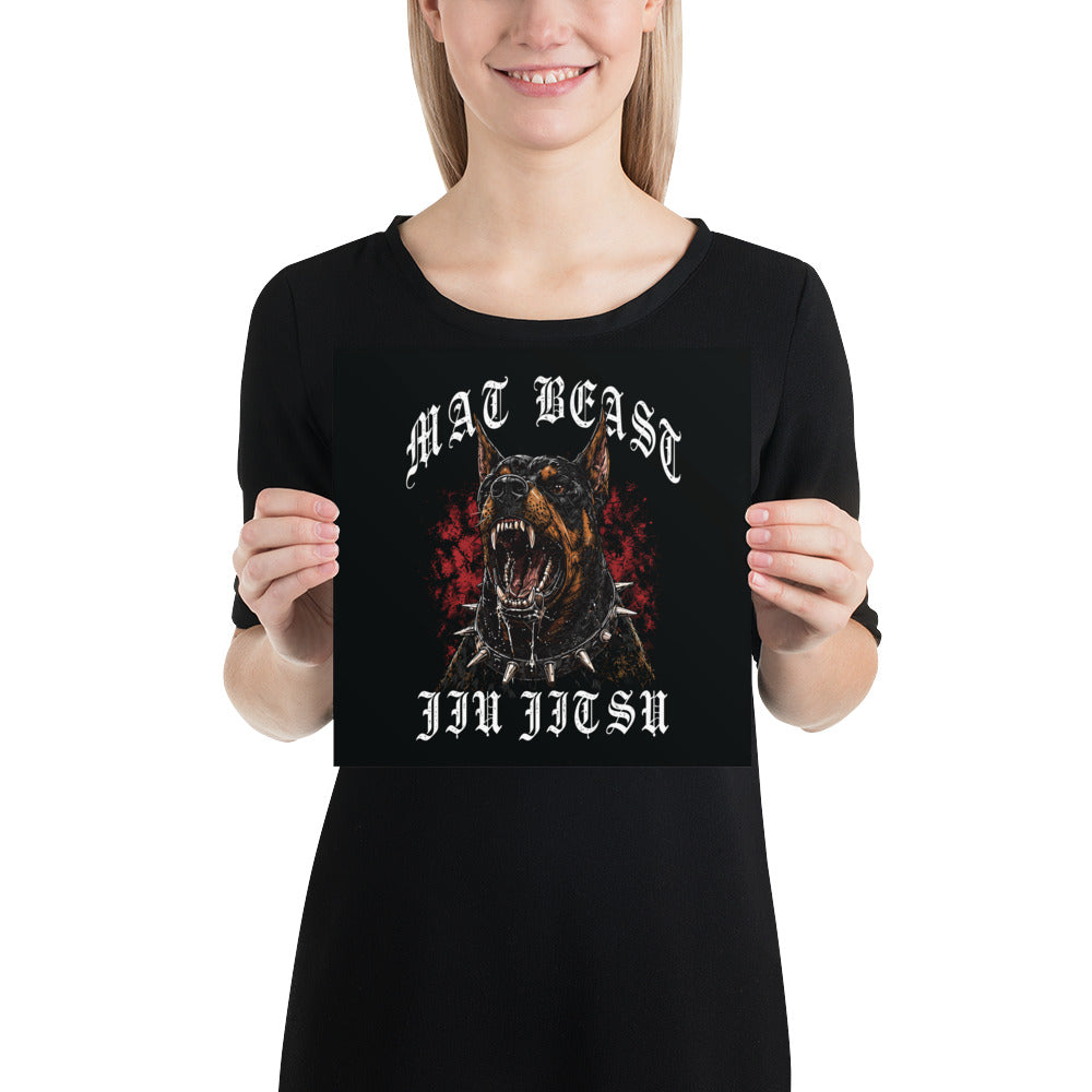 Mat Beast Doberman Jiu Jitsu matte poster in 10 × 10 inch format, poster mockup, featuring a snarling Doberman and red accents.