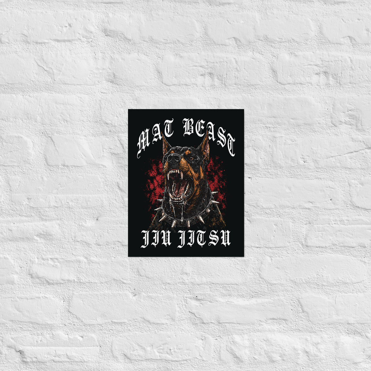 Mat Beast Doberman Jiu Jitsu matte poster in 11 × 14 inch format, front view, featuring a snarling Doberman and red accents.