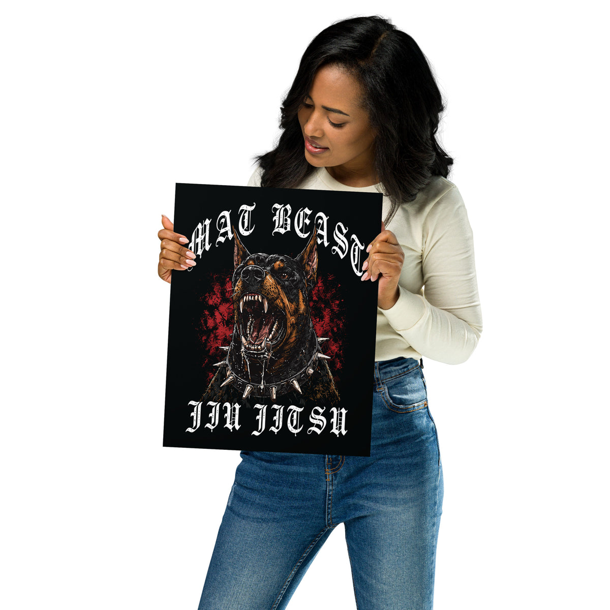 Mat Beast Doberman Jiu Jitsu matte poster in 11 × 14 inch format, front view, featuring a snarling Doberman and red accents.