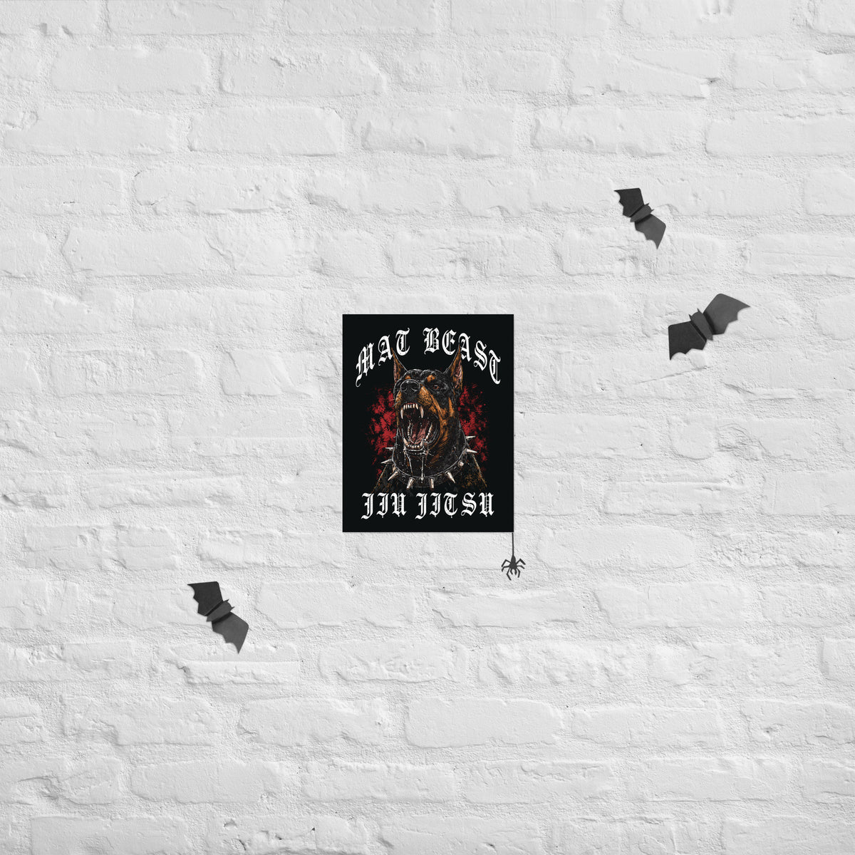 Mat Beast Doberman Jiu Jitsu matte poster in 11 × 14 inch format, poster mockup, featuring a snarling Doberman and red accents.