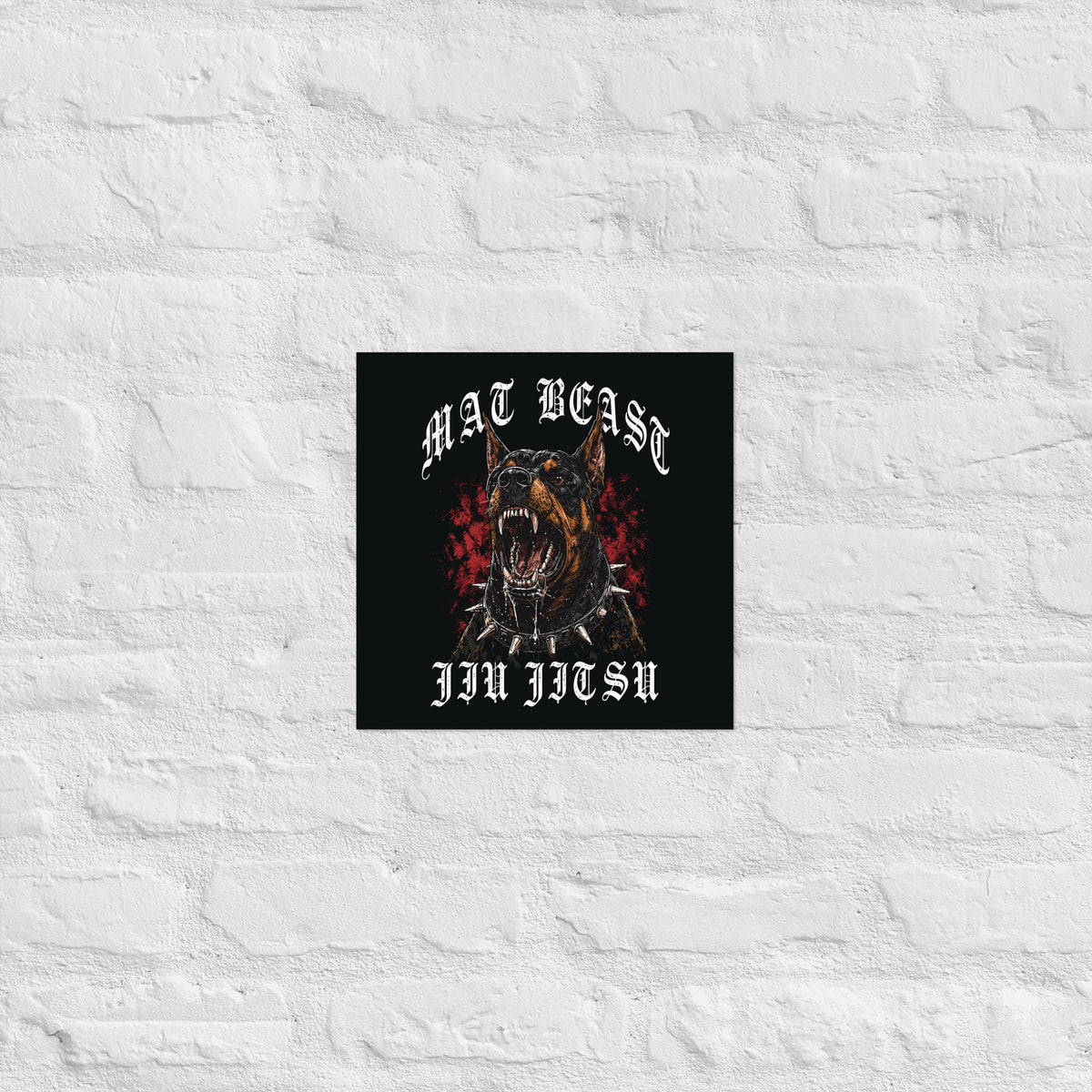Mat Beast Doberman Jiu Jitsu matte poster in 12 × 12 inch format, front view, featuring a snarling Doberman and red accents.
