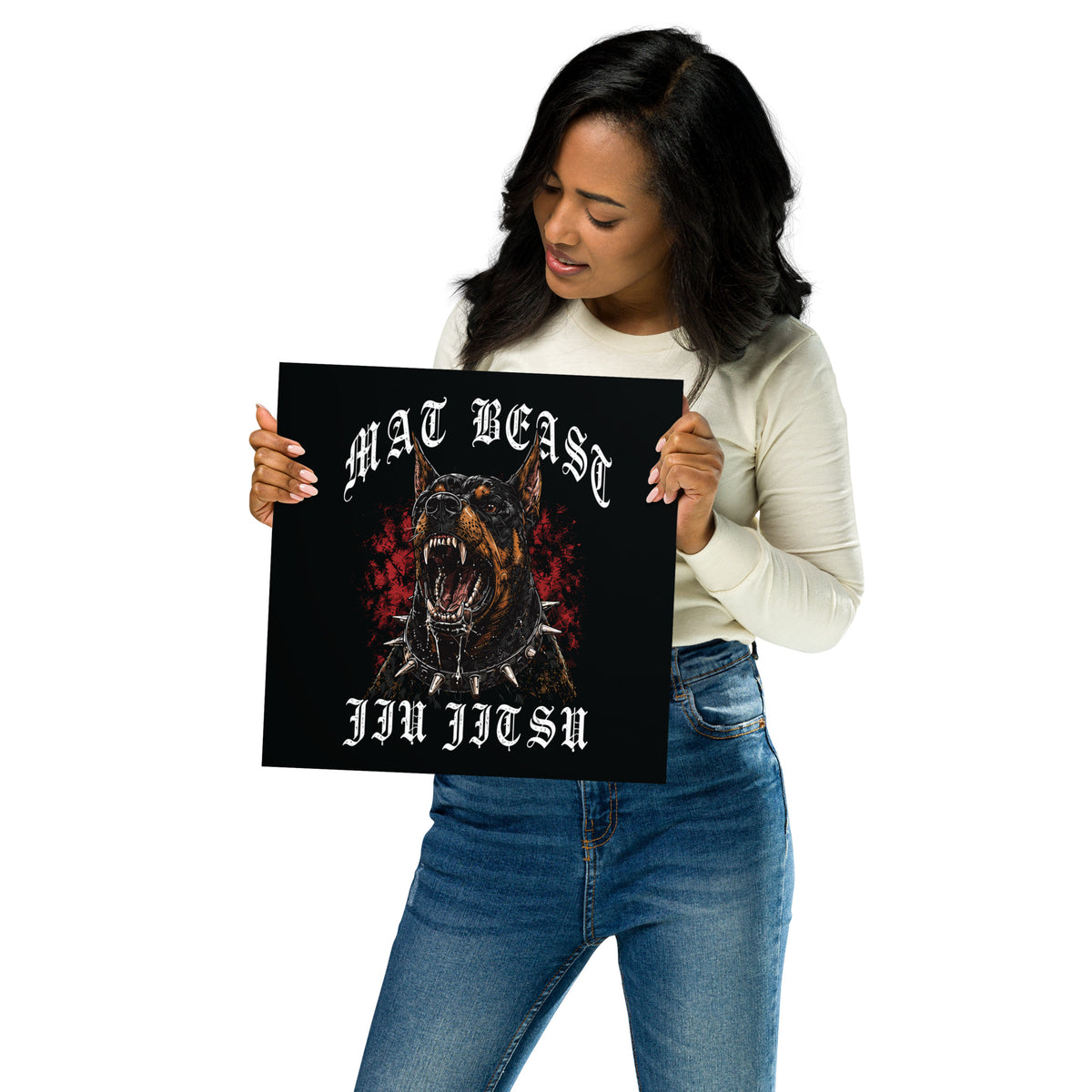 Mat Beast Doberman Jiu Jitsu matte poster in 12 × 12 inch format, front view, featuring a snarling Doberman and red accents.
