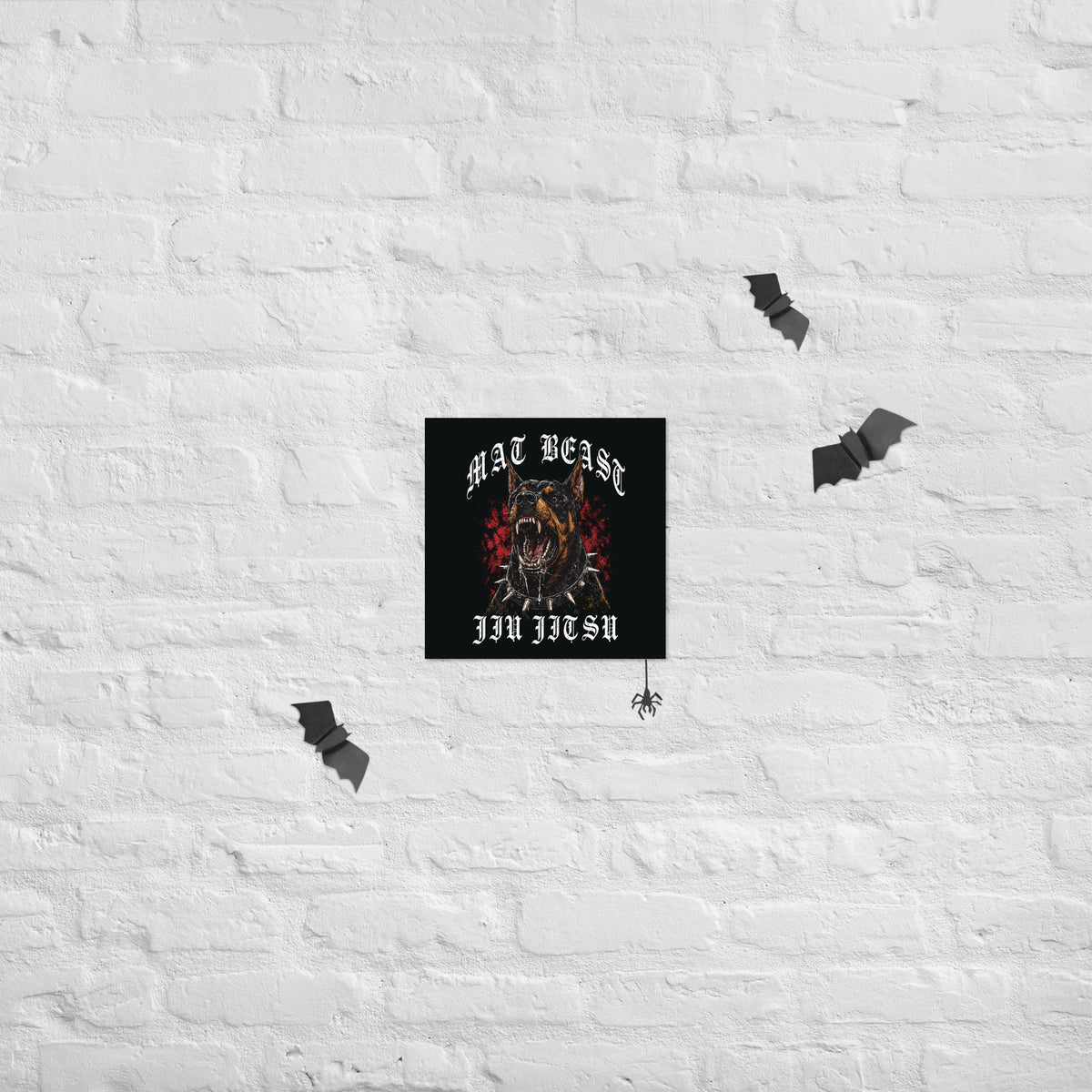 Mat Beast Doberman Jiu Jitsu matte poster in 12 × 12 inch format, poster mockup, featuring a snarling Doberman and red accents.